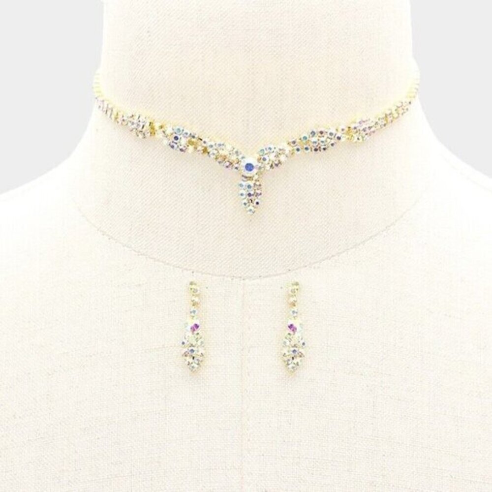 Gold Choker Necklace & Earring Set - Multicolored Crystals‎